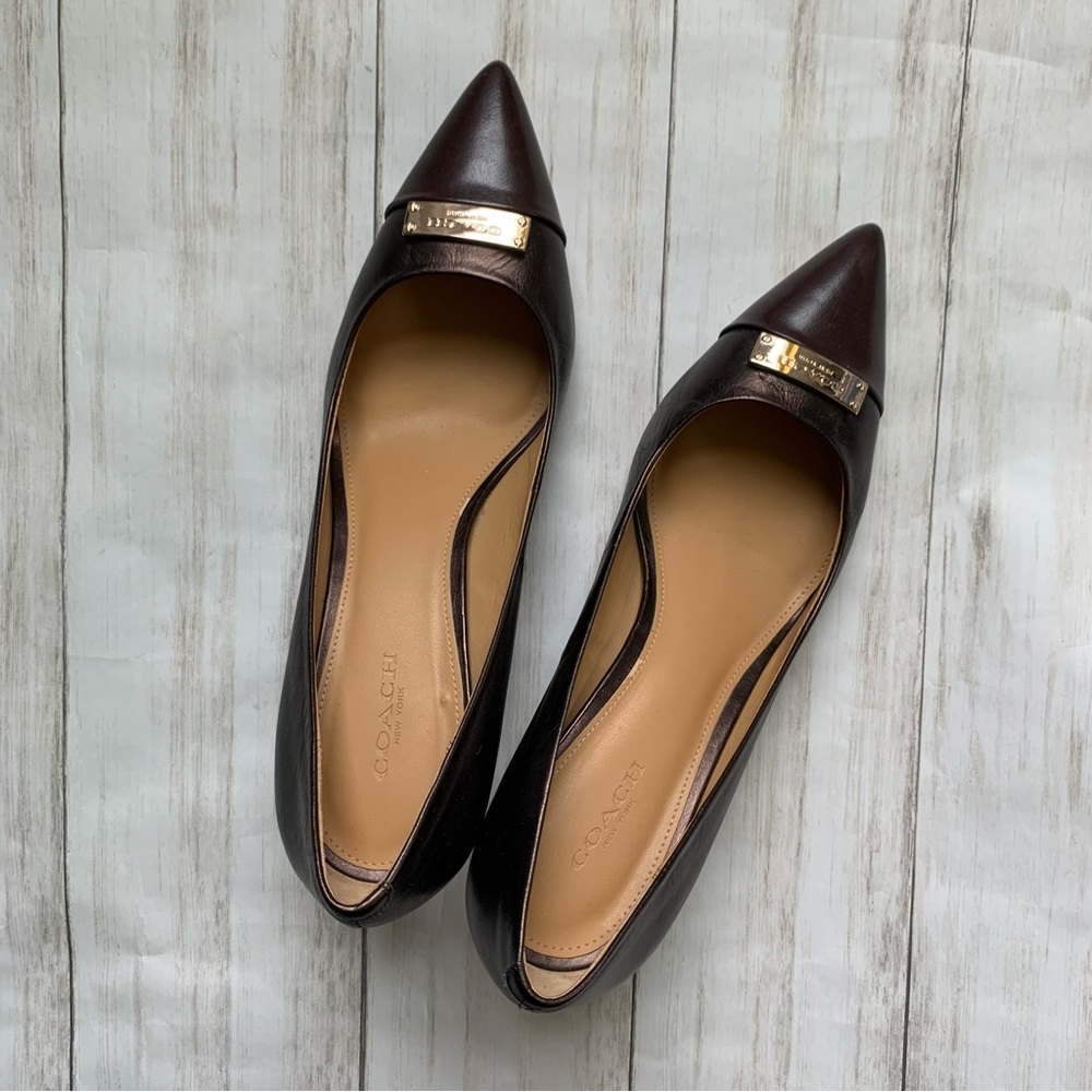 Coach Brown Bronze Leather Flats with Metallic Accent